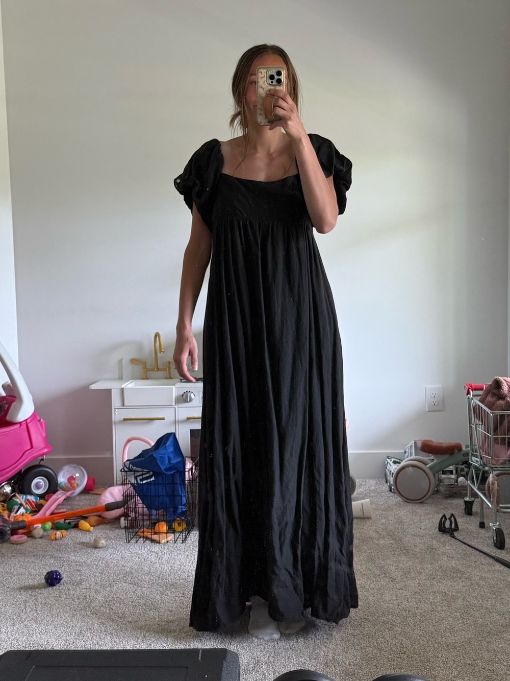 Women's Black 100% linen Maxi Dress with Puff Sleeves